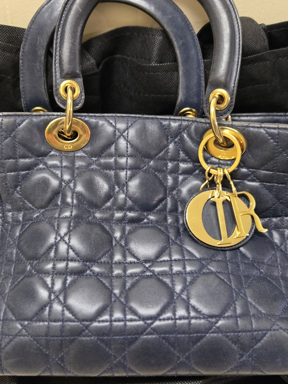Dior Navy Quilted Cannage Medium Lady Dior Satchel with Gold Charms